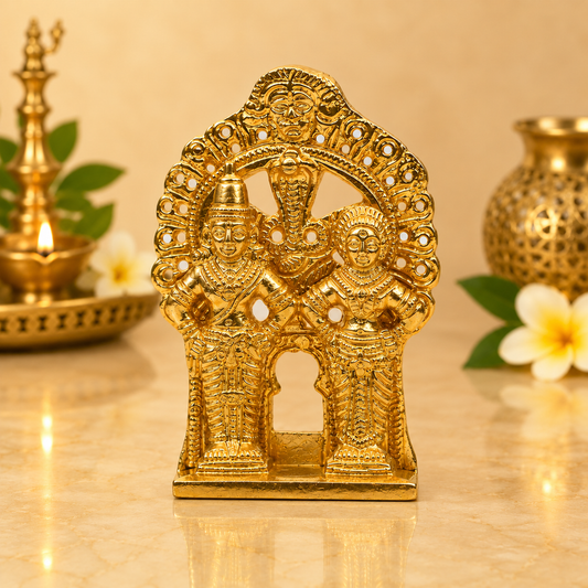 Lord Vitthal and Goddess Rukmini Idol with Decorative Arch | Polished Golden Brass Finish