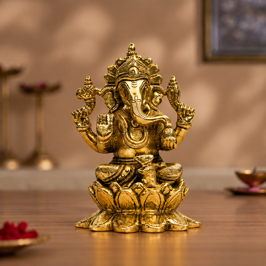 Lord Ganesha With Mouse Seated on Lotus Idol | Antique Golden Brass Finish