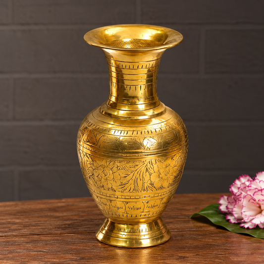 Engraved Decorative Brass Kalash / Vase | Polished Golden Brass Finish