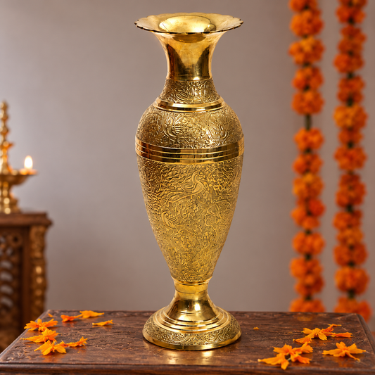 Engraved Decorative Brass Flower Vase | Polished Golden Finish