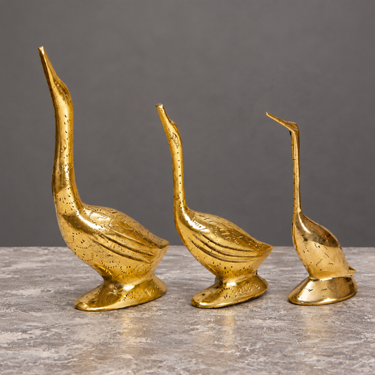 Decorative Long-Neck Bird Figurine Set of 3 | Polished Golden Brass Finish