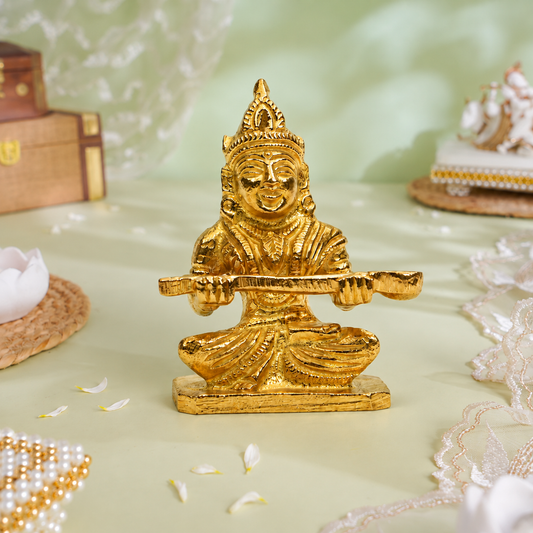 Narad Muni with Veena Idol | Polished Golden Brass Finish