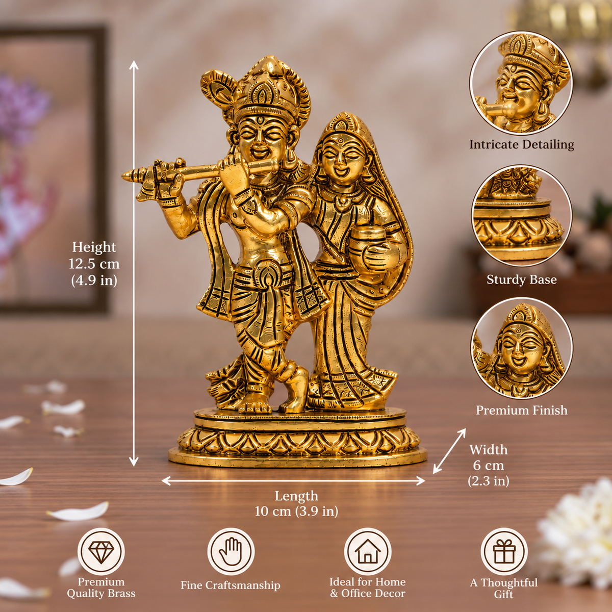 Radha Krishna Idol with Flute | Polished Golden Brass Finish