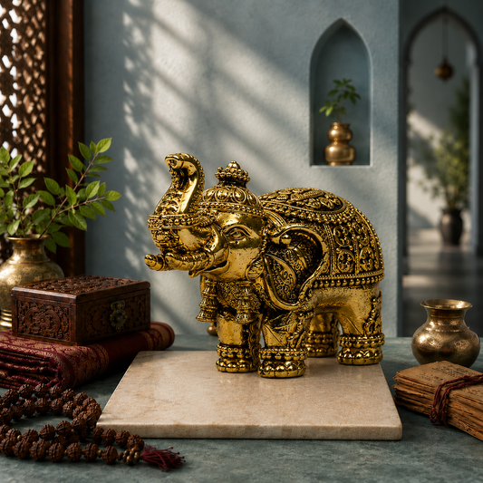 Royal Elephant with Raised Trunk Showpiece | Antique Brass Finish