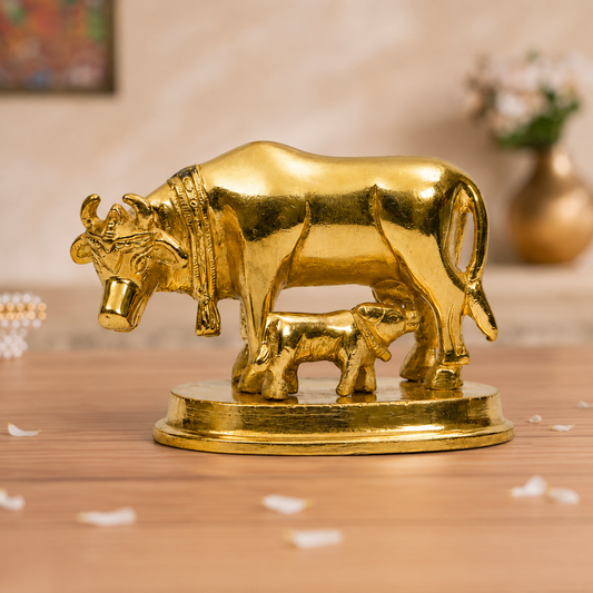 Gau Mata with Nursing Calf Idol | Polished Golden Brass Finish
