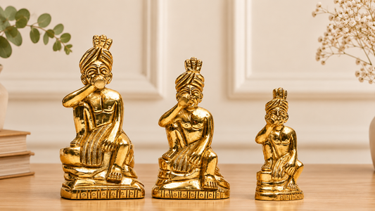 Set of 3 Rajasthani Folk Musician Figurines | Polished Golden Brass Finish