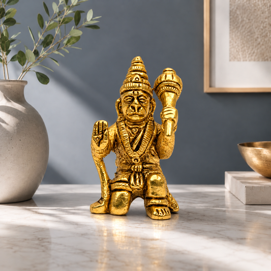 Lord Hanuman Kneeling with Gada Showpiece | Polished Brass Finish