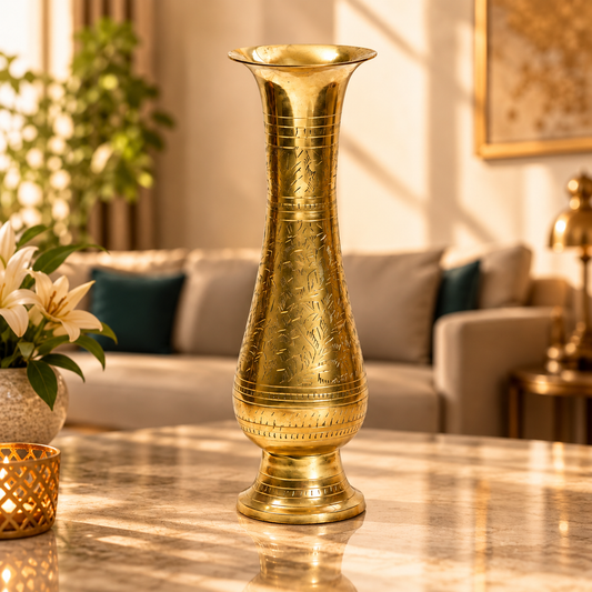 Engraved Long-Neck Brass Flower Vase Set of 4 | Antique Golden Finish