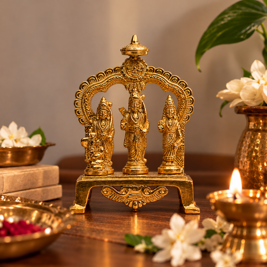 Ram Darbar with Hanuman Under Temple Arch Idol | Antique Golden Brass Finish
