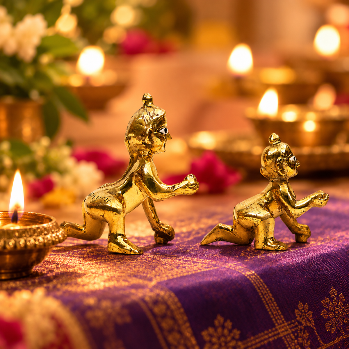 Bal Krishna Crawling Idol Set of 2 | Antique Golden Brass Finish