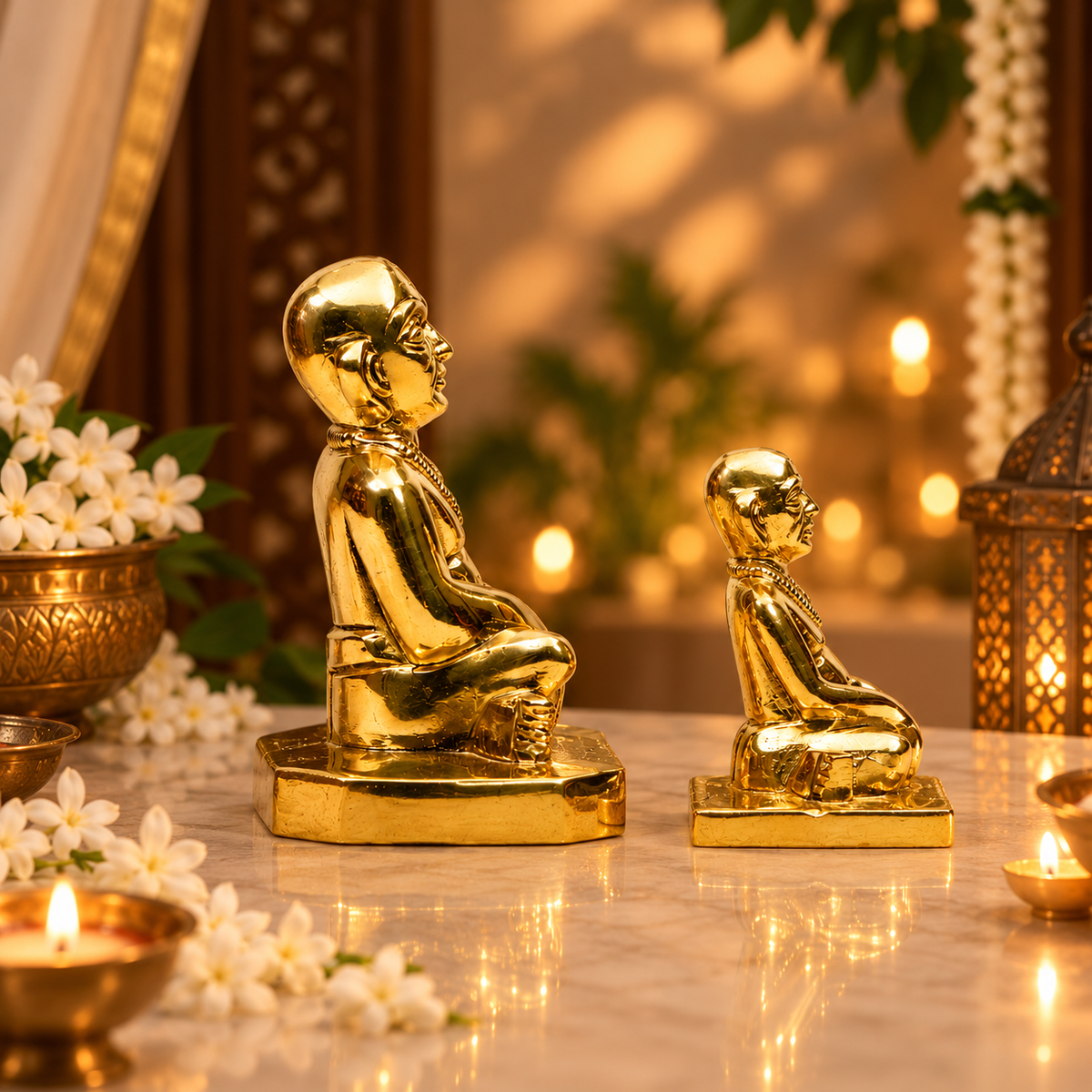 Sri Ramanujacharya Seated Guru Idol Set of 2 | Antique Golden Brass Finish