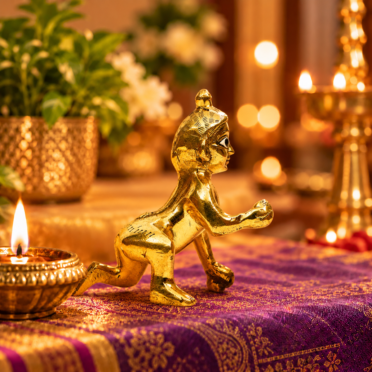 Bal Krishna Crawling Bold Eye Idol | Polished Golden Brass Finish