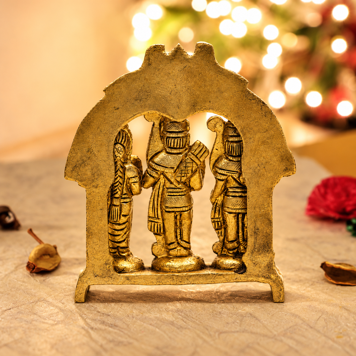 Ram Darbar with Hanuman & Decorative Peacock Arch Idol | Antique Golden Brass Finish