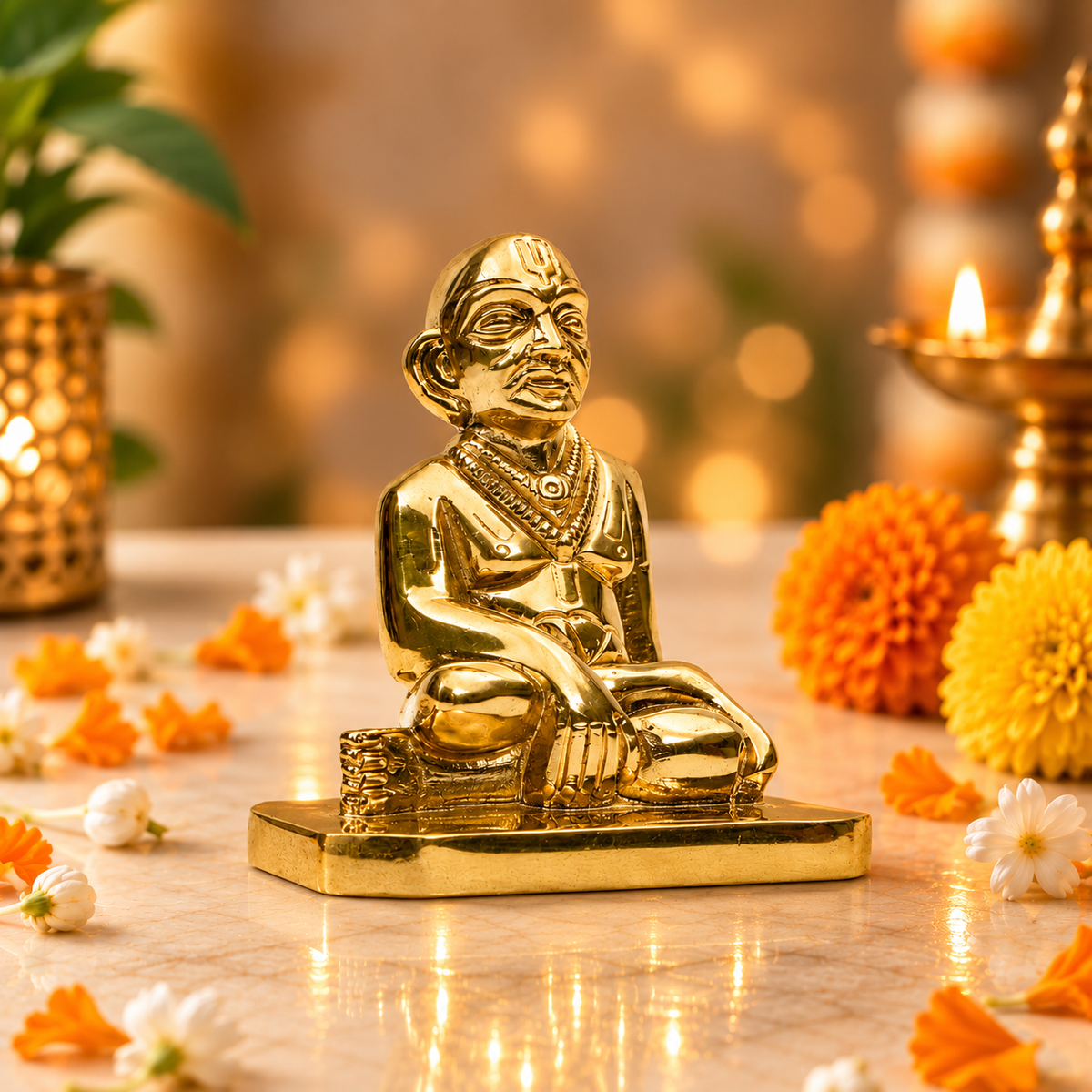 Sri Ramanujacharya Swami Statue | Antique Gold Vaishnav Guru Sculpture