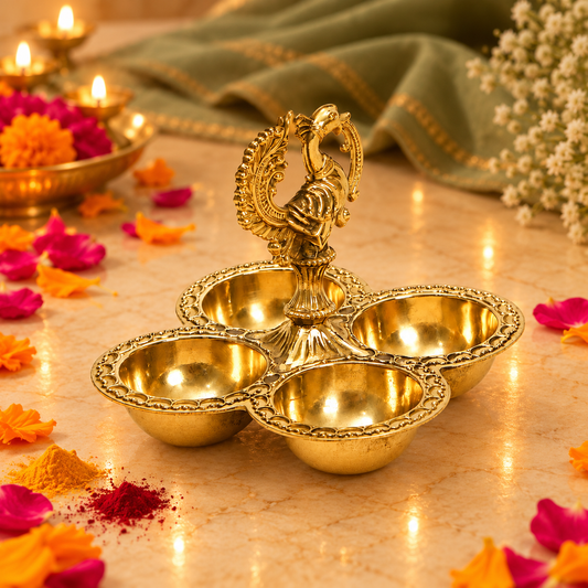 Peacock Four Bowl Decorative Serving & Puja Set | Golden Brass Finish