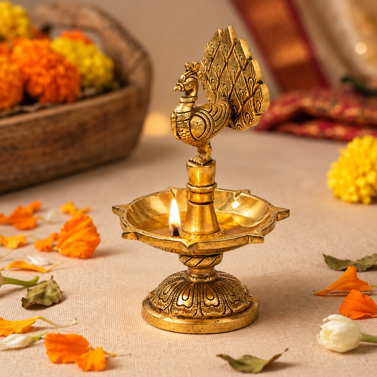 Peacock Decorative Diya Stand | Antique Golden Brass Finish