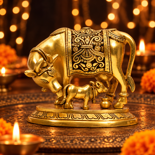 Ornate Gau Mata with Calf & Kalash Idol | Antique Golden Brass Finish