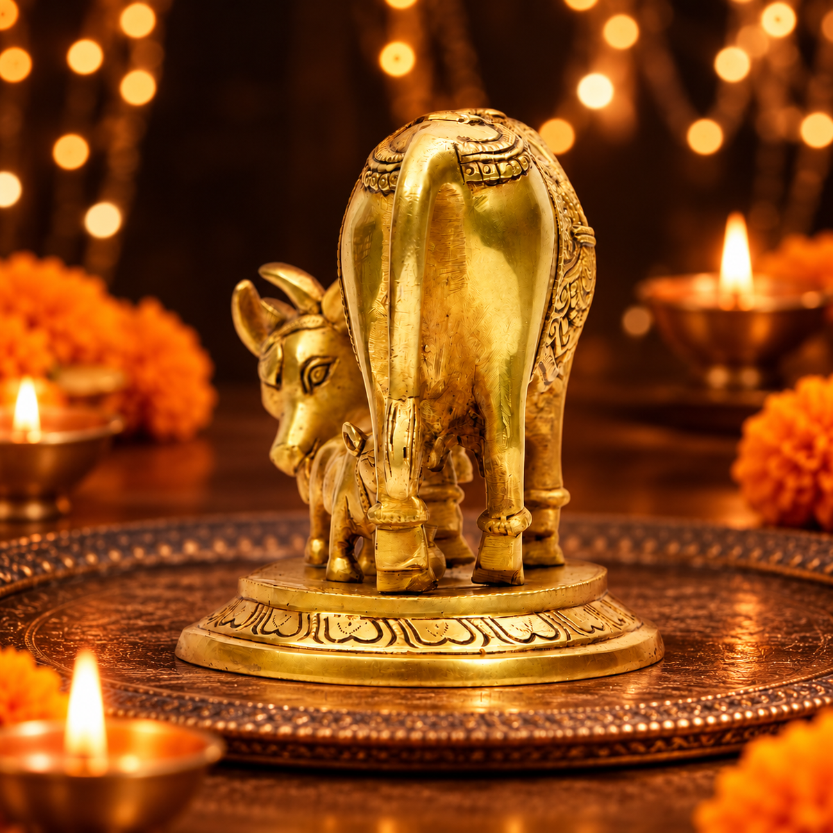 Ornate Gau Mata with Calf & Kalash Idol | Antique Golden Brass Finish