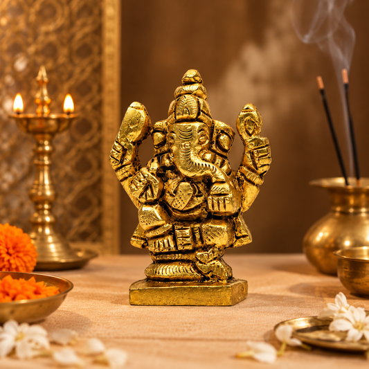 Lord Ganesha Seated Idol | Antique Golden Brass Finish