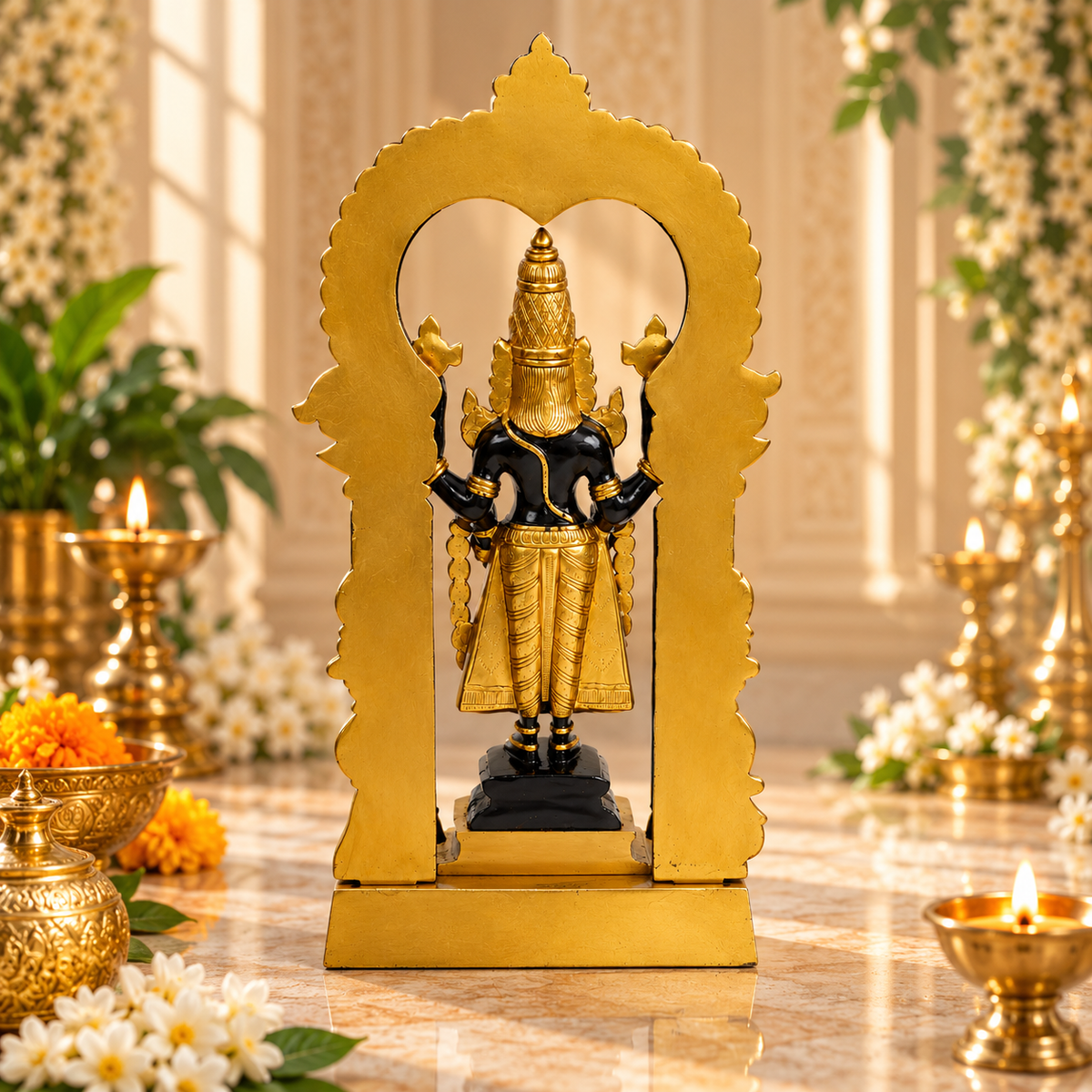 Lord Venkateswara Balaji Standing Idol with Temple Arch | Black & Antique Golden Brass Finish