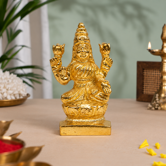 Goddess Lakshmi Sitting on Lotus Showpiece | Polished Brass Finish