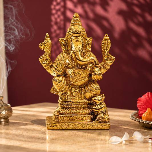 Lord Ganesha Idol with Mouse | Antique Golden Brass Finish