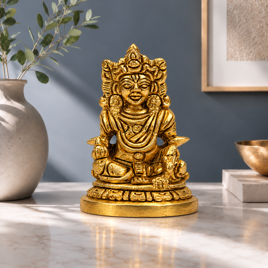 Lord Kubera Seated Idol | Polished Golden Brass Finish