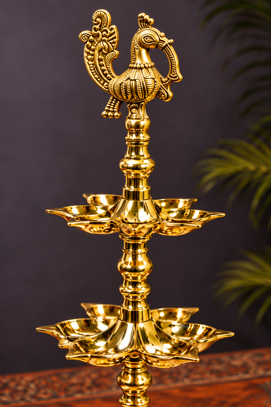 5-Tier Peacock Deepam Stand | Polished Golden Brass Finish