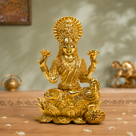 Goddess Lakshmi on Lotus with Wealth Kalash Idol | Antique Brass Finish