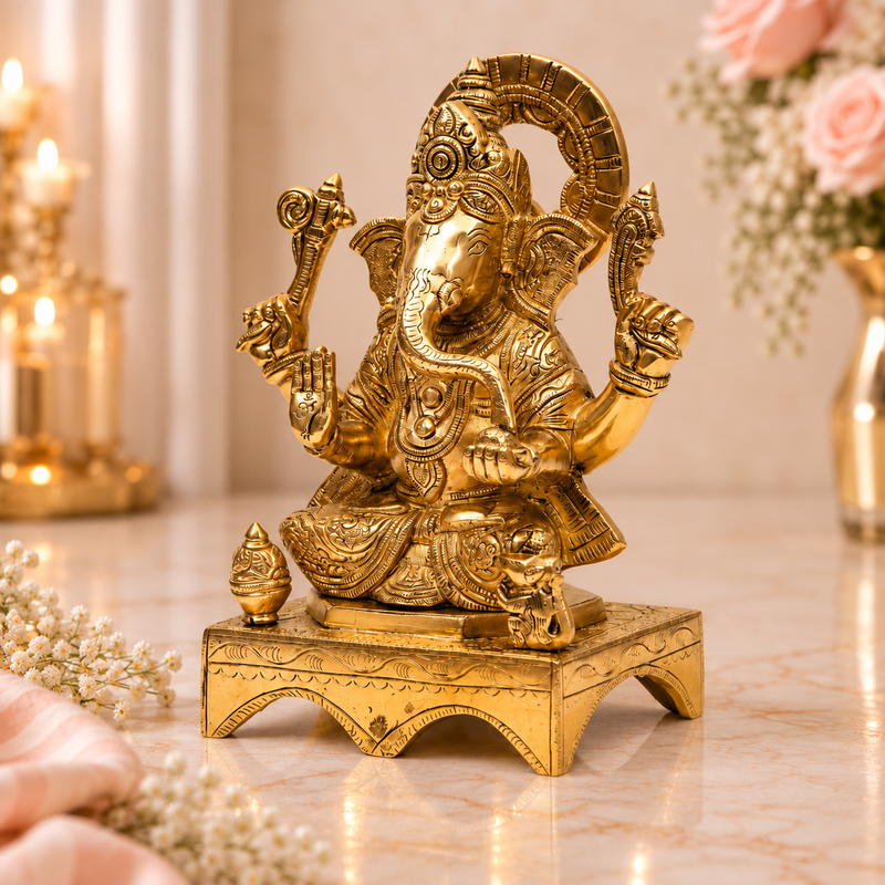Lord Ganesha Idol with Halo and Mouse | Antique Golden Brass Finish