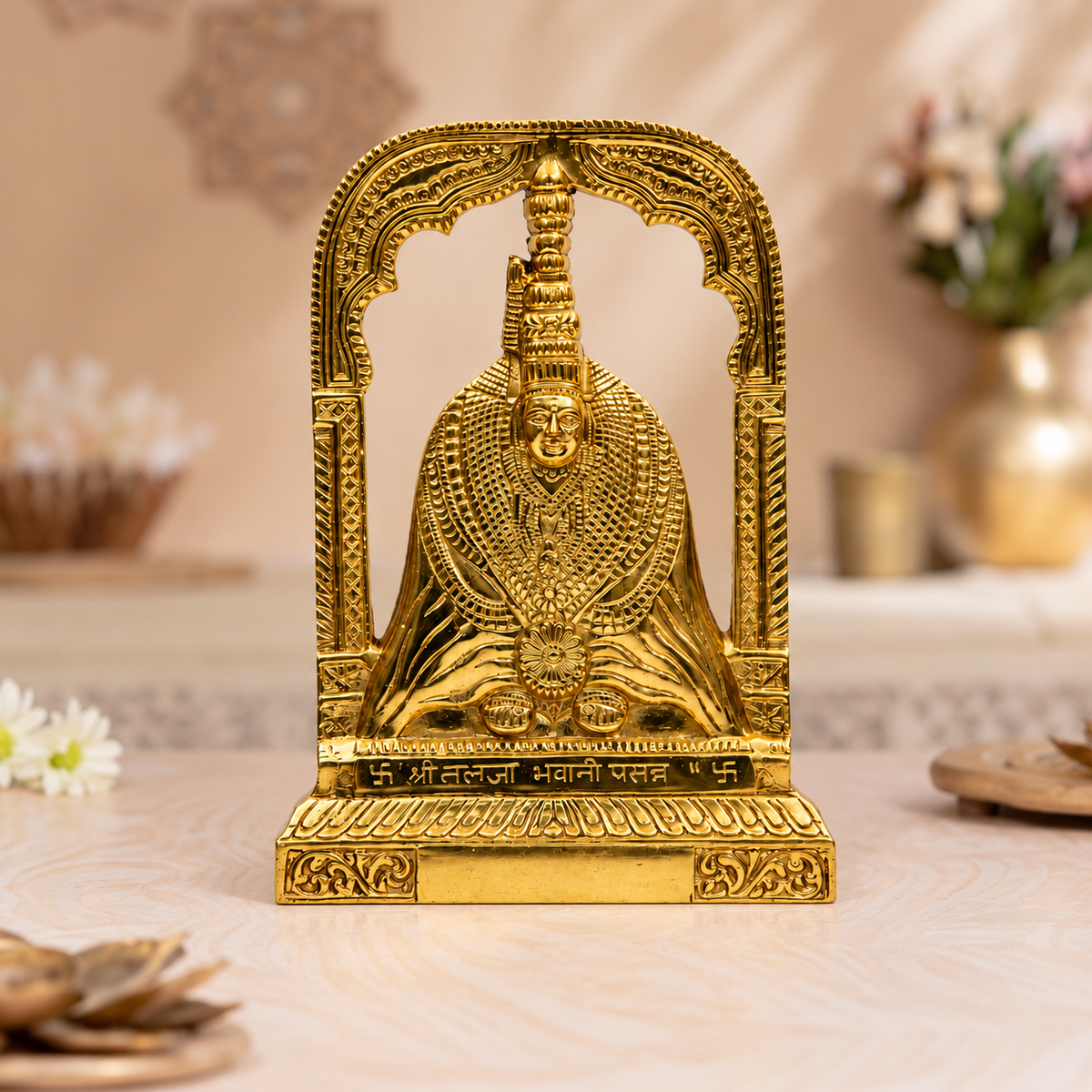 Goddess Tulja Bhavani Idol with Temple Arch | Polished Golden Brass Finish