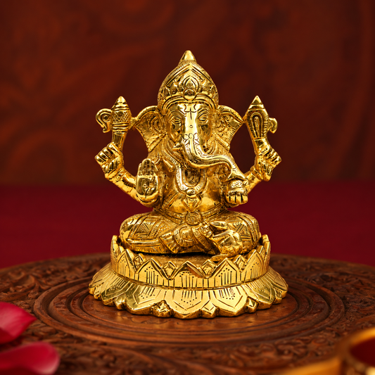 Lord Ganesha Seated on Lotus Idol | Polished Golden Brass Finish