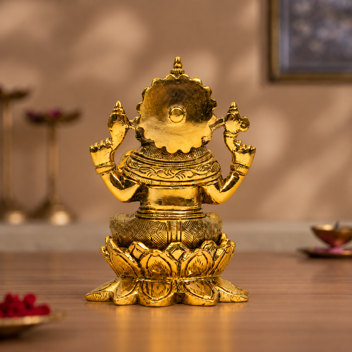 Lord Ganesha With Mouse Seated on Lotus Idol | Antique Golden Brass Finish