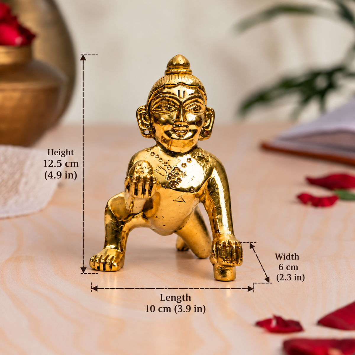 Bal Krishna Laddu Gopal Crawling Idol | Polished Golden Brass Finish