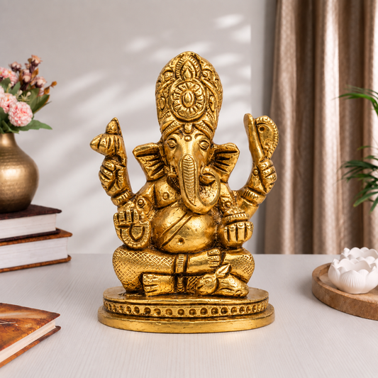 Lord Ganesha Seated Idol | Antique Golden Brass Finish