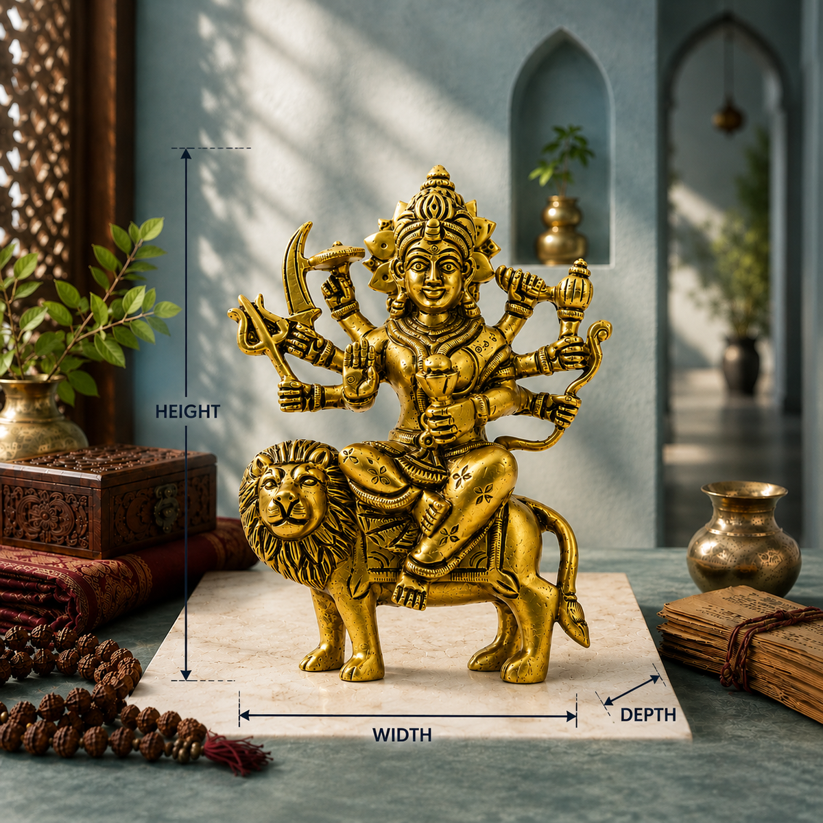 Goddess Durga Seated on Lion Idol | Antique Golden Brass Finish