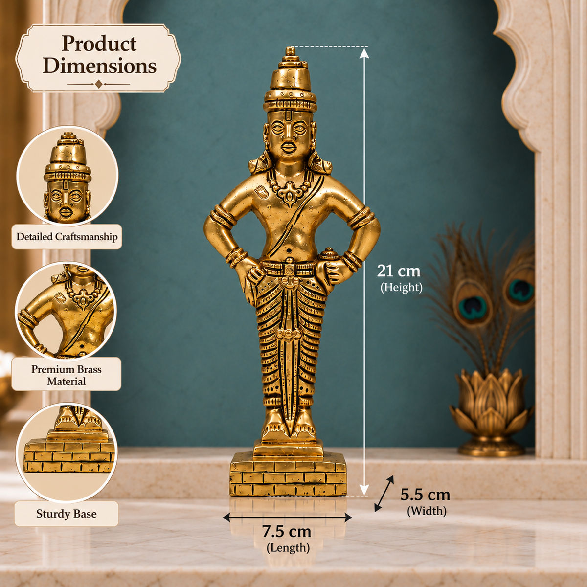 Lord Vitthal Standing Idol | Antique Golden Brass Finish