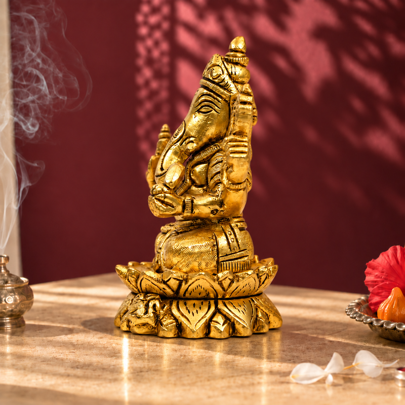 Lord Ganesha Seated Idol with Mouse | Antique Golden Brass Finish