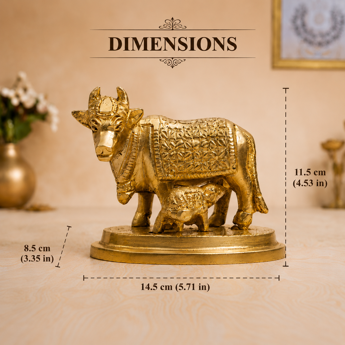 Gau Mata with Calf Idol | Polished Golden Brass Finish