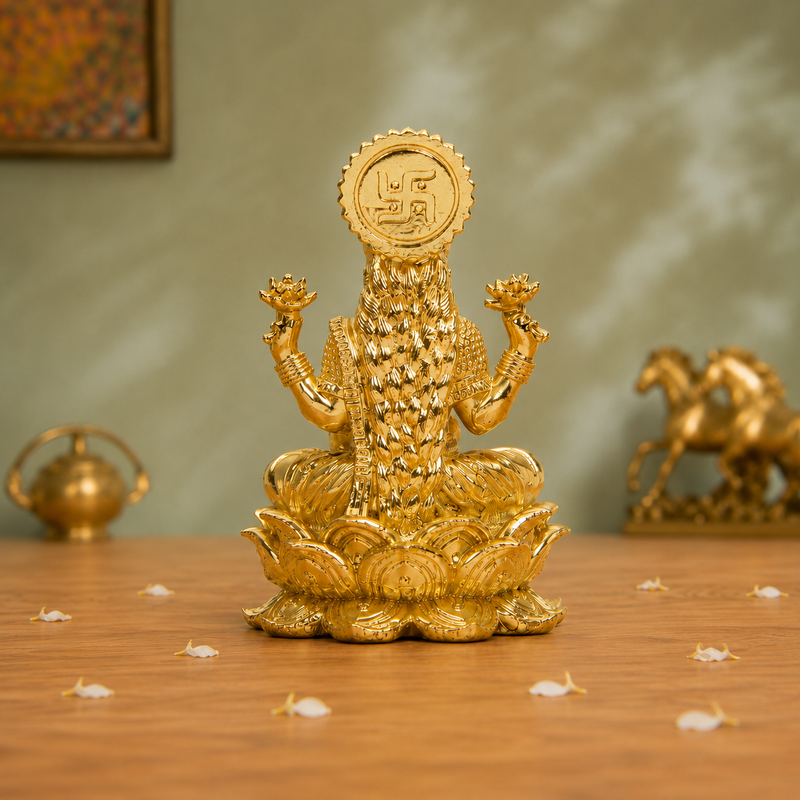 Goddess Lakshmi on Lotus with Wealth Kalash Idol | Antique Brass Finish