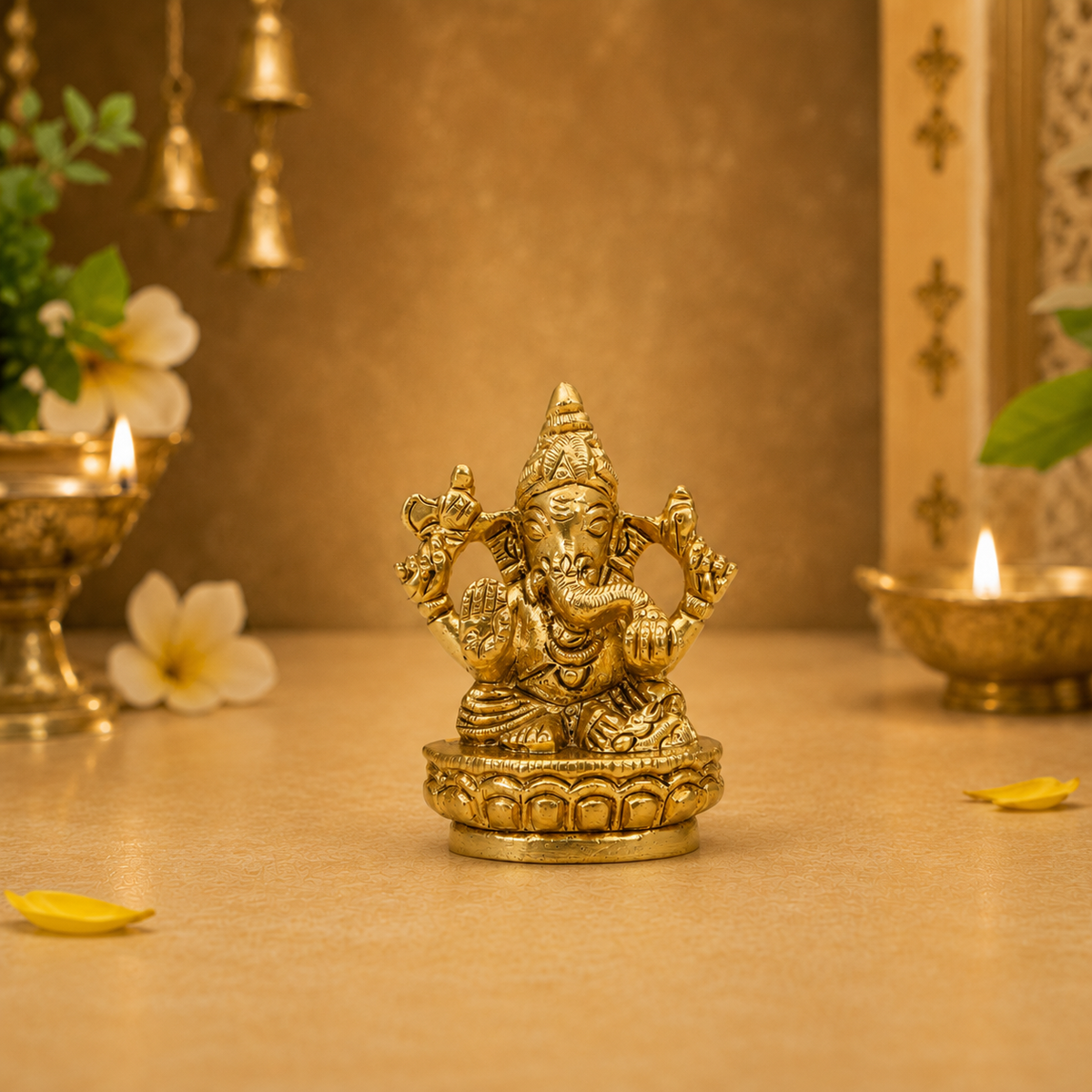 Lord Ganesh Lotus Pedestal Murti | Premium Golden Finish