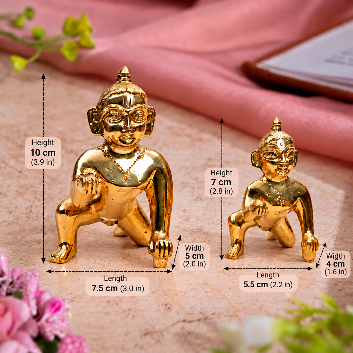 Set of 2 Bal Krishna Crawling Idols | Polished Golden Brass Finish