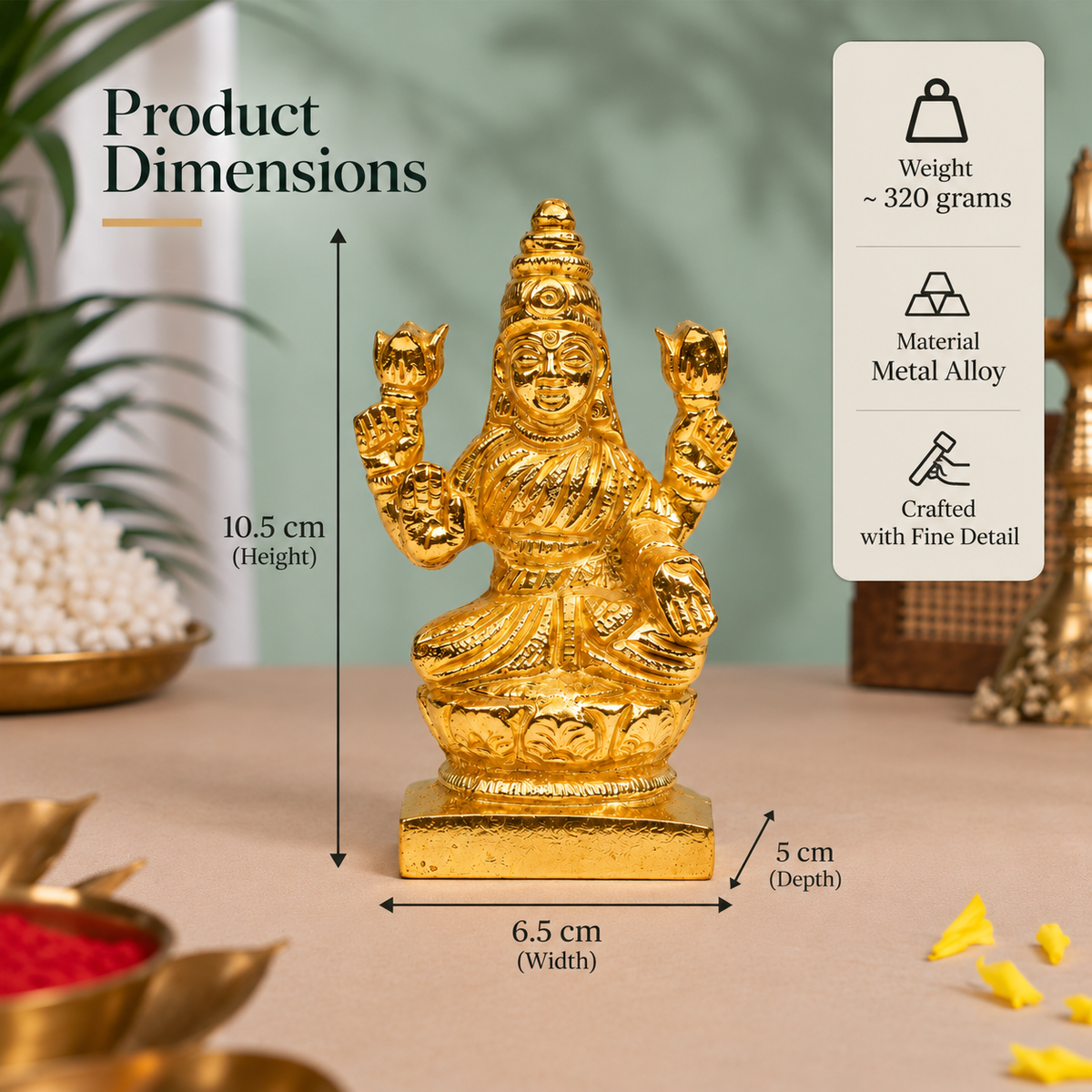 Goddess Lakshmi Sitting on Lotus Showpiece | Polished Brass Finish