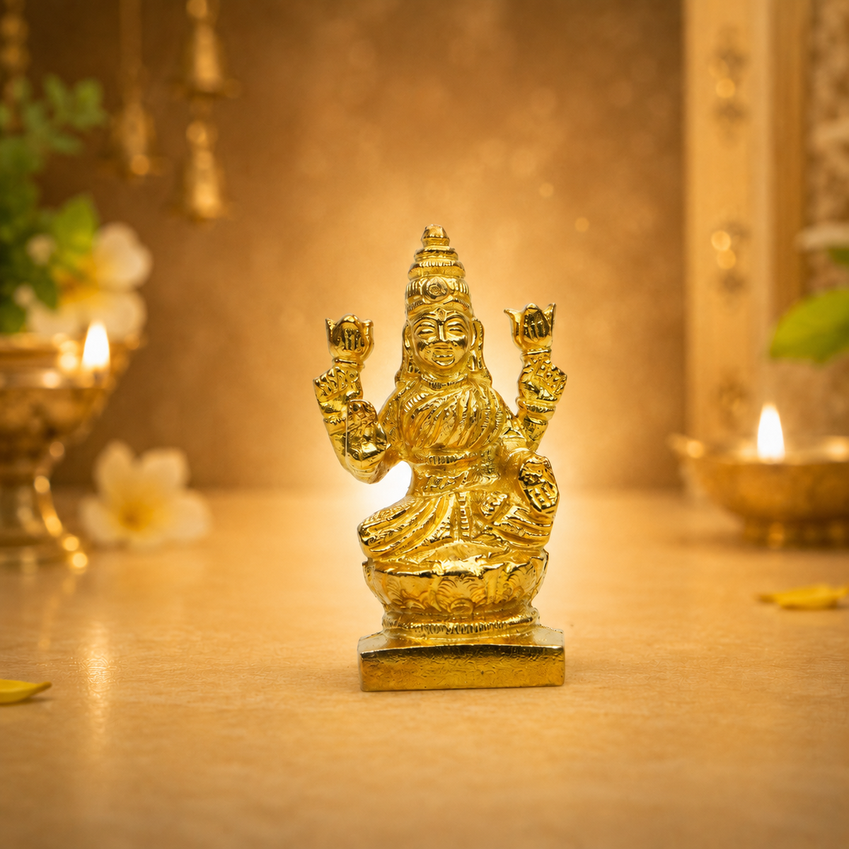 Goddess Lakshmi Seated on Lotus Idol | Polished Golden Brass Finish