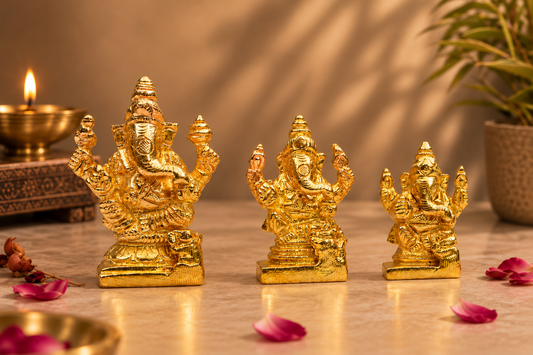 Set of 3 Lord Ganesha Seated Idols | Polished Golden Brass Finish