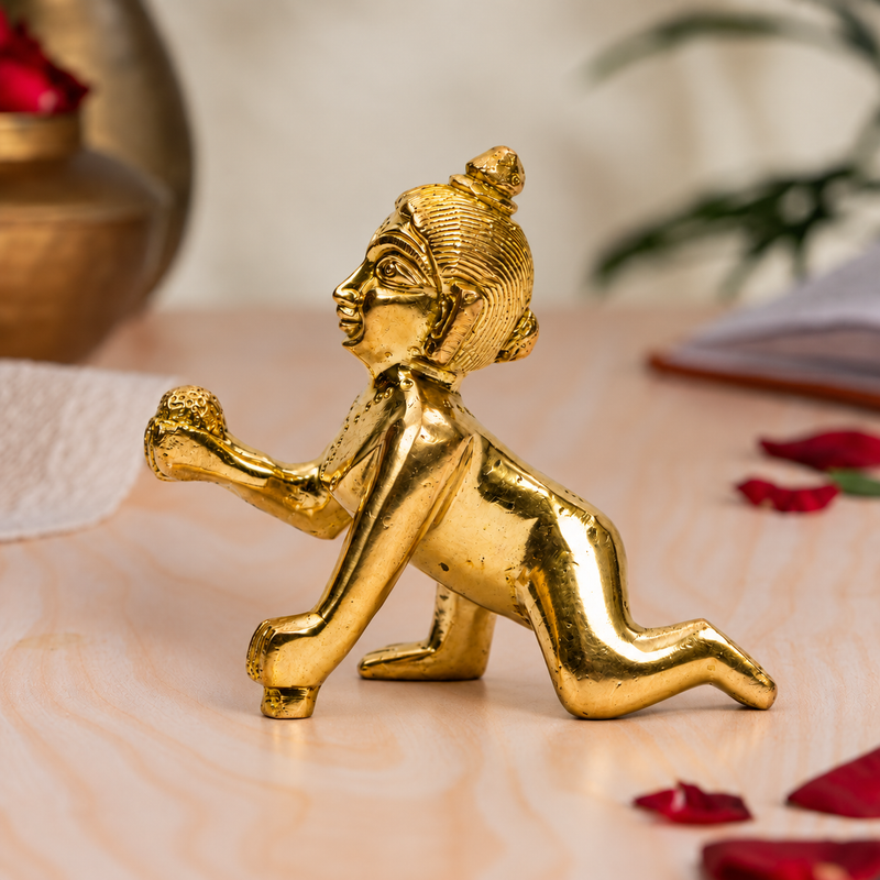 Bal Krishna Laddu Gopal Crawling Idol | Polished Golden Brass Finish