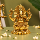 Lord Ganesha Seated on Lotus| Antique Golden Brass Finish