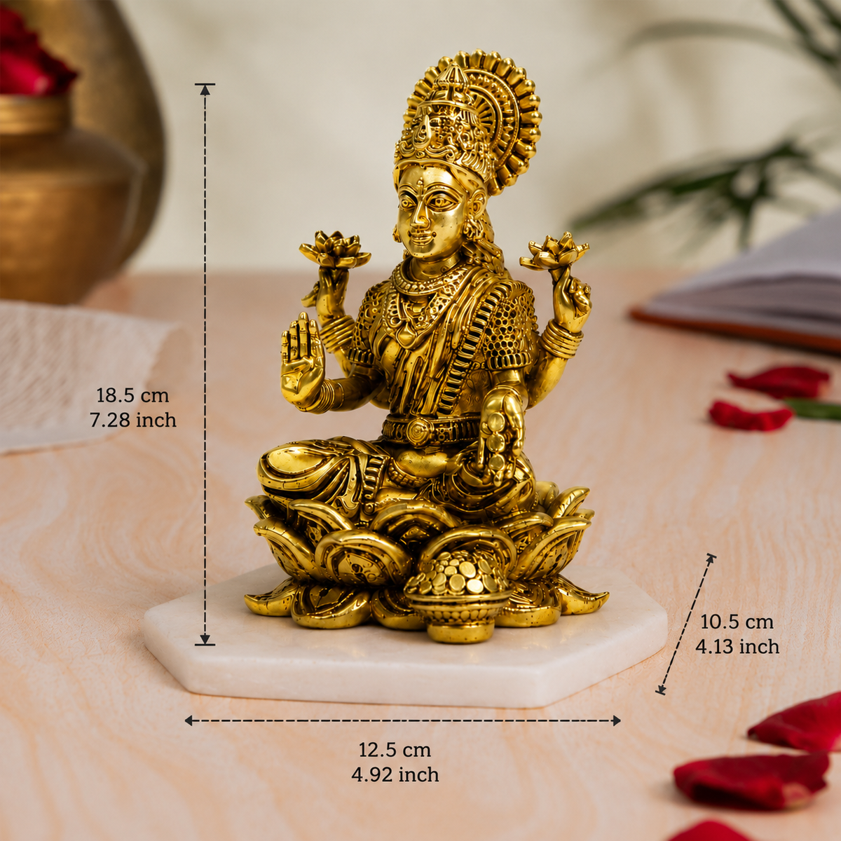 Goddess Lakshmi on Lotus with Kalash Idol | Antique Brass Finish