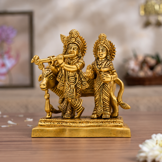 Radha Krishna with Cow Idol | Antique Brass Finish