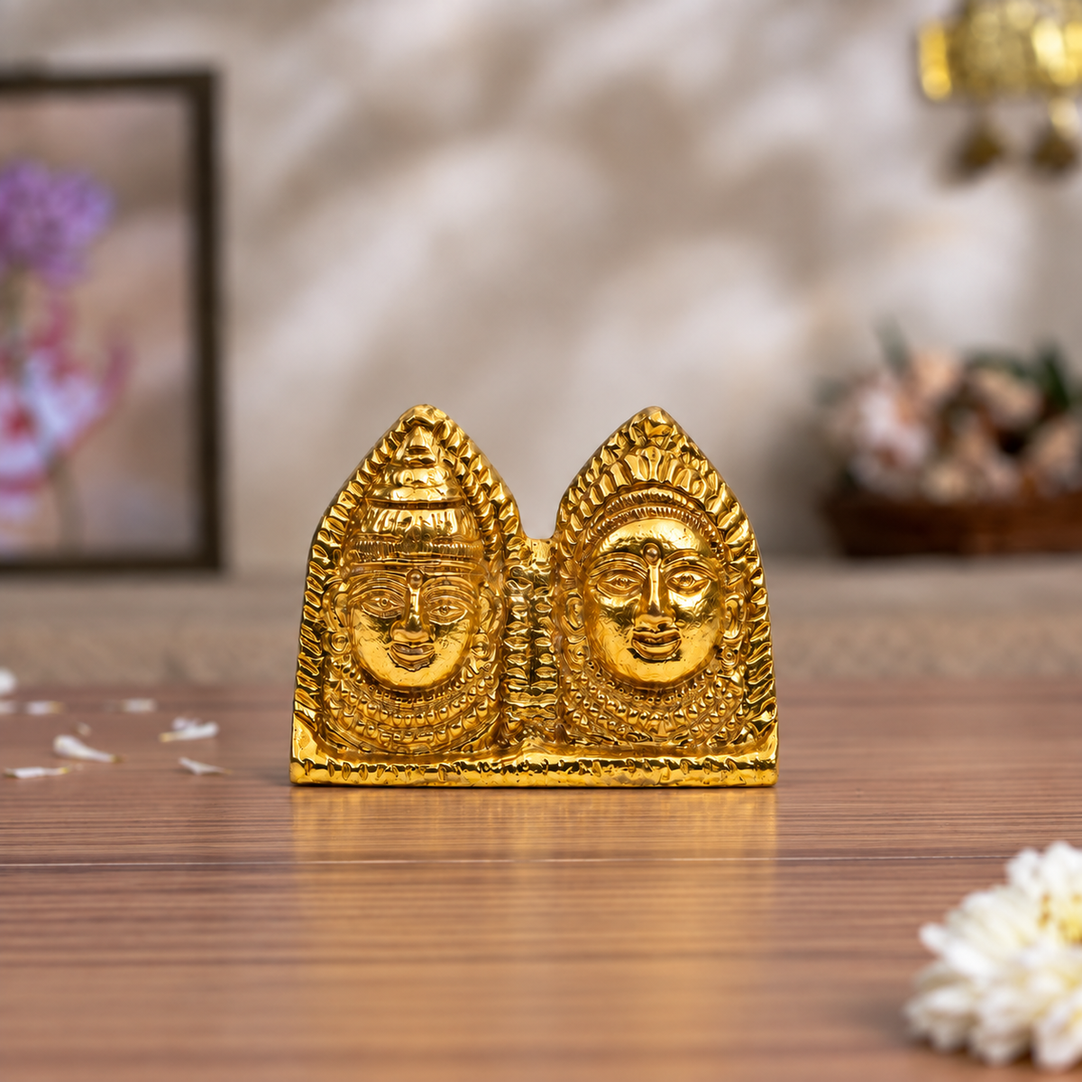 Uma Maheshwara (Lord Shiva & Goddess Parvati) Dual Face Showpiece | Polished Brass Finish